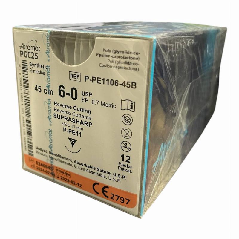 Поліглекапрон (PGC25) монофіламент, що розсмоктується, незабарвлений, USP 6-0 (EP0.7) зі звор.-ріж. голкою 11мм, 3/8 кола, довж. нитки 45см